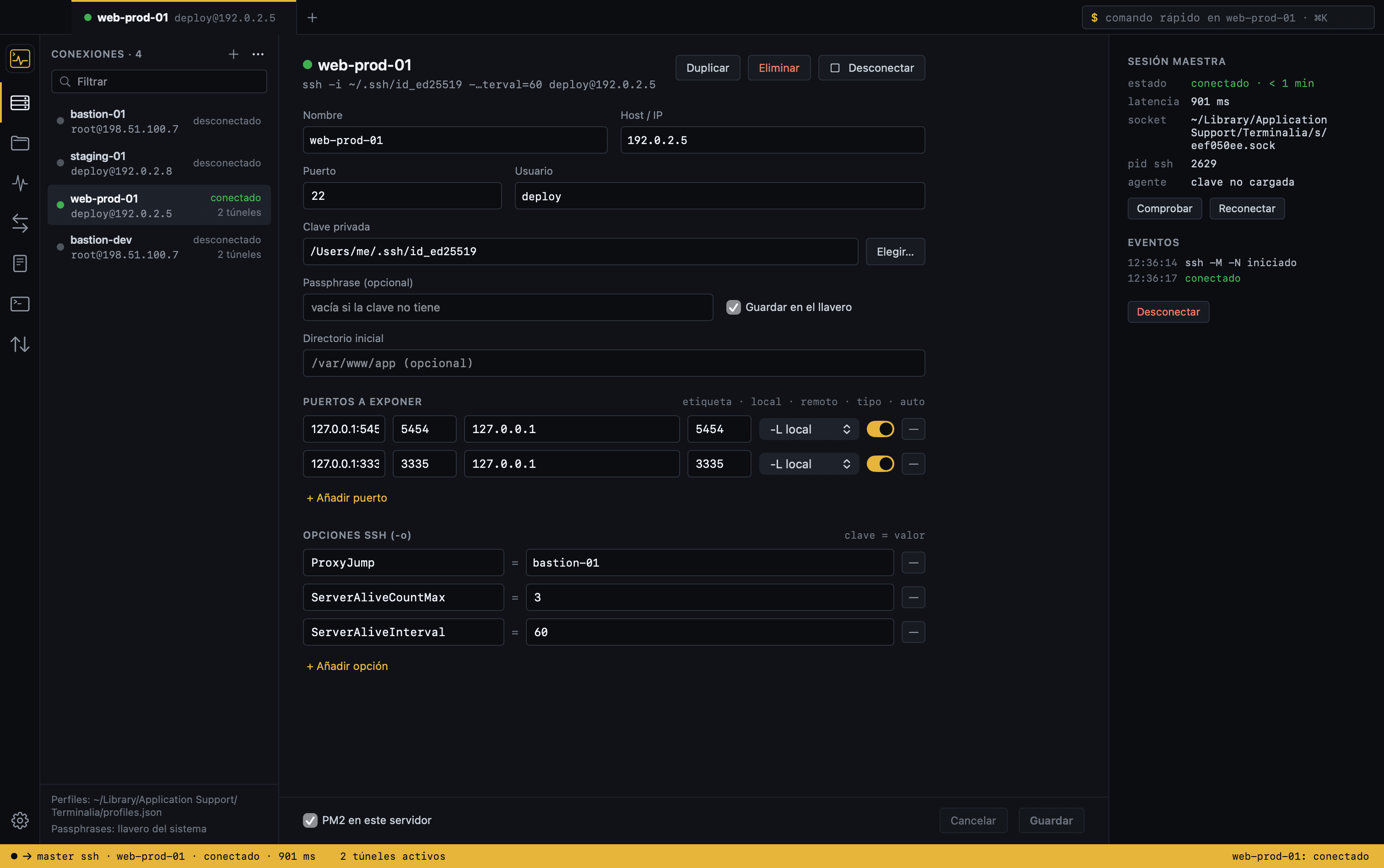 Lista de perfiles SSH importados desde ~/.ssh/config en Terminalia, con el formulario de un perfil, su clave y ProxyJump
