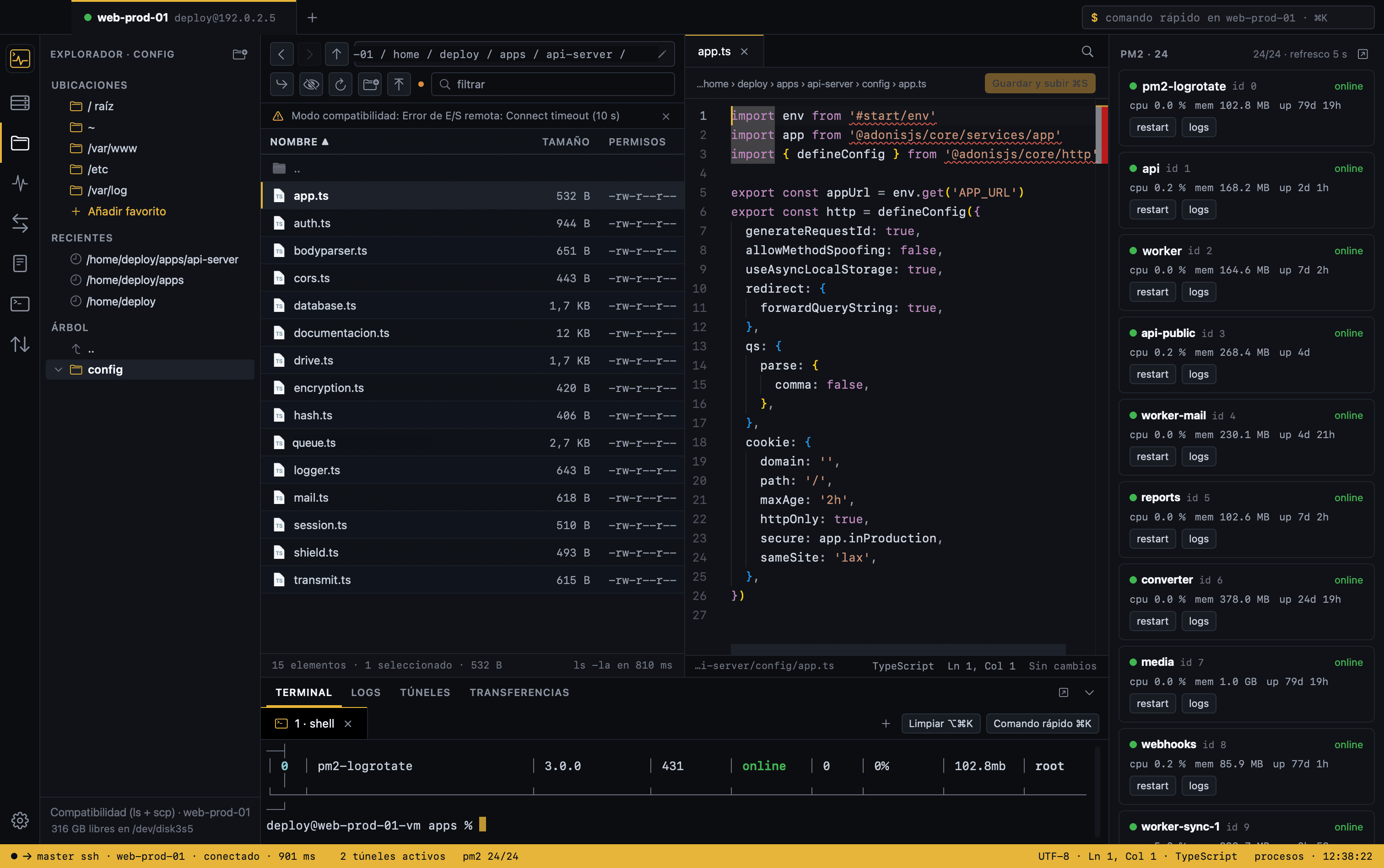Editor integrado de Terminalia con un fichero de configuración remoto abierto en una pestaña y resaltado de sintaxis