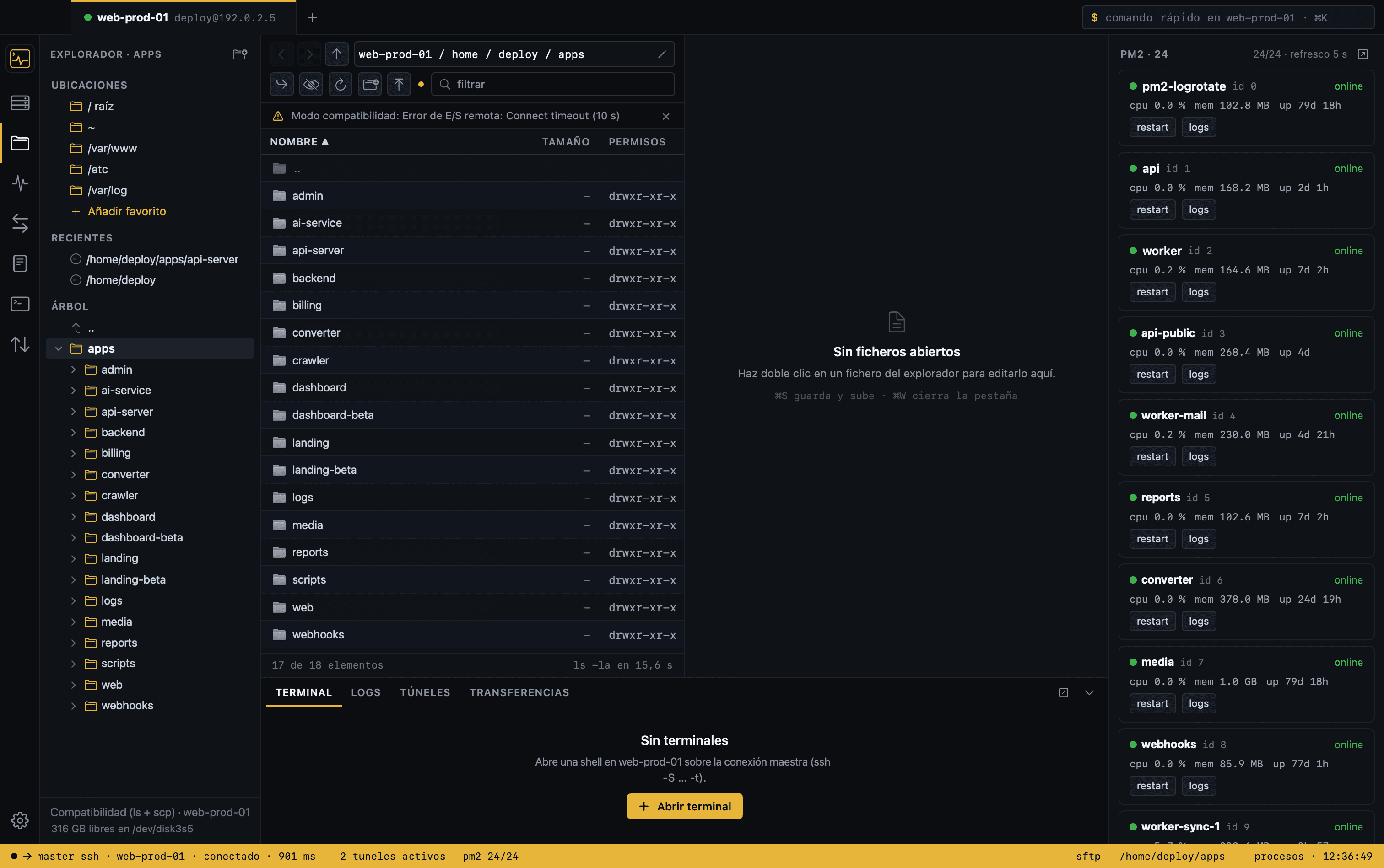 Terminalia, cliente SSH para Mac: explorador SFTP de un servidor remoto con terminal integrada y columna de procesos PM2 y Docker